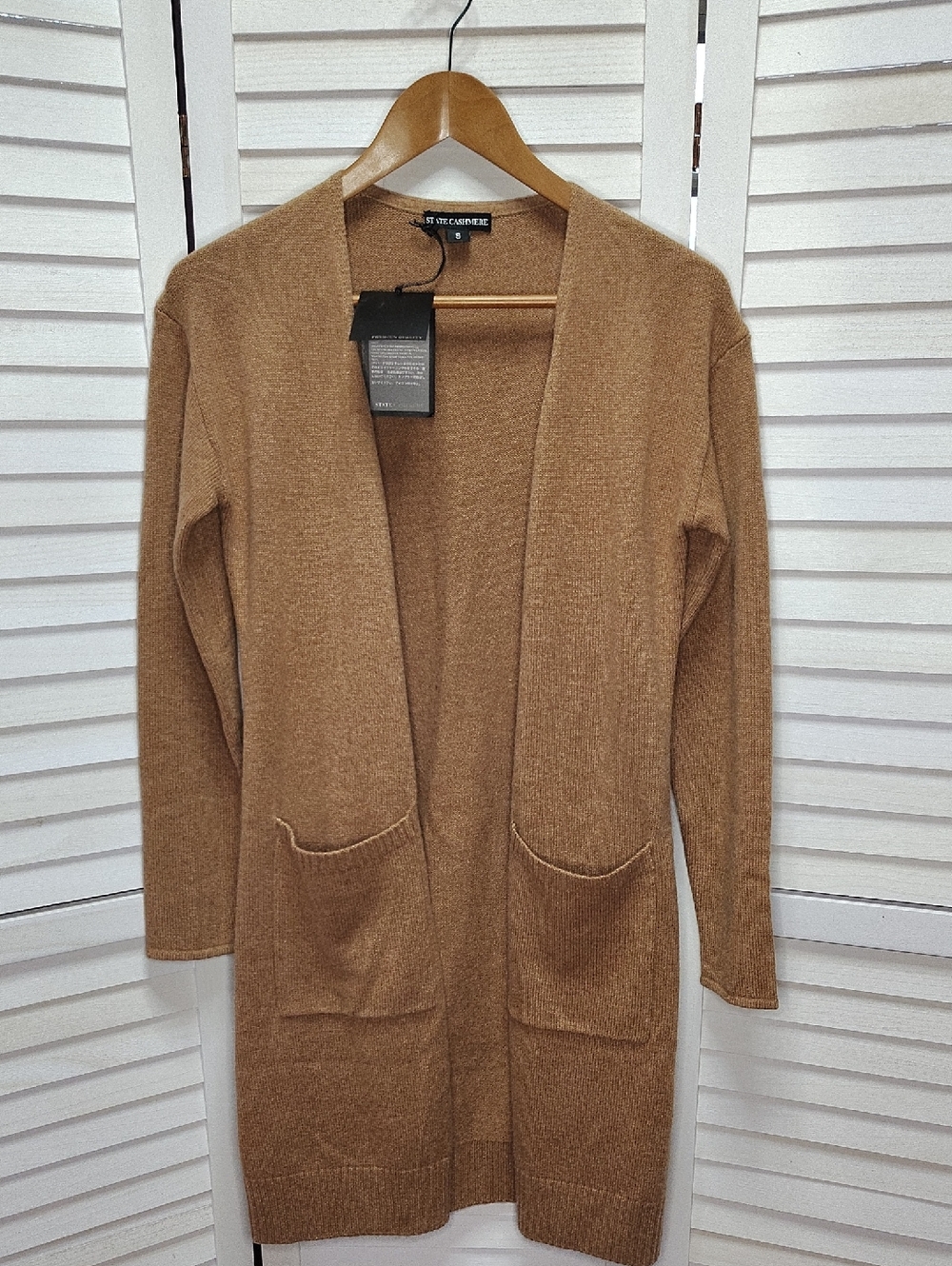State Cashmere Camel Open-Front Long Knit Cardigan